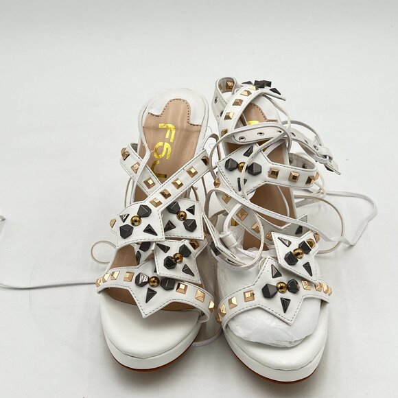 FSJ Ivory Gold Metal Chain Thick High Heel Open Toe Strappy Ankle Buckle Sandals - Picture 3 of 8